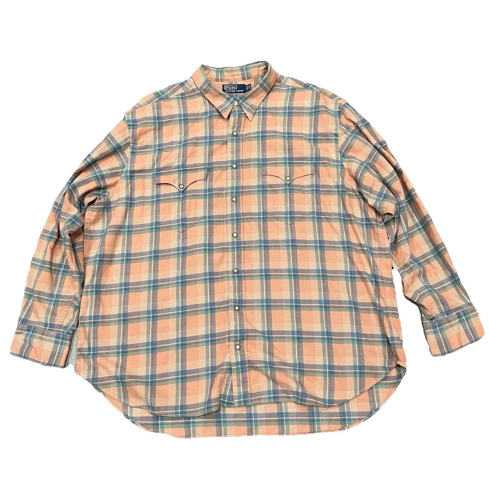 Polo Ralph Lauren Shirt Mens‎ 3XB Peach Plaid Pearl Snap Western Flannel Shirt